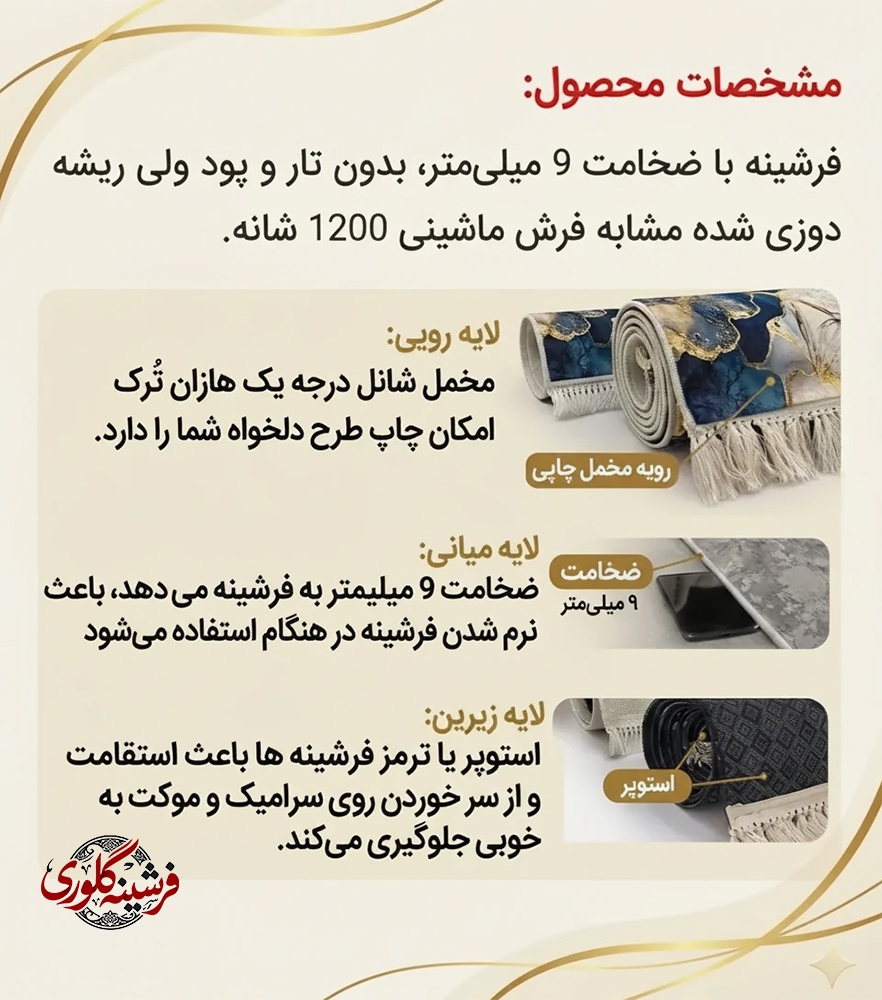 فرش مدرن ضد پرزدهی و قابل شست و شو دارای ترمز فرش کد GM-12001