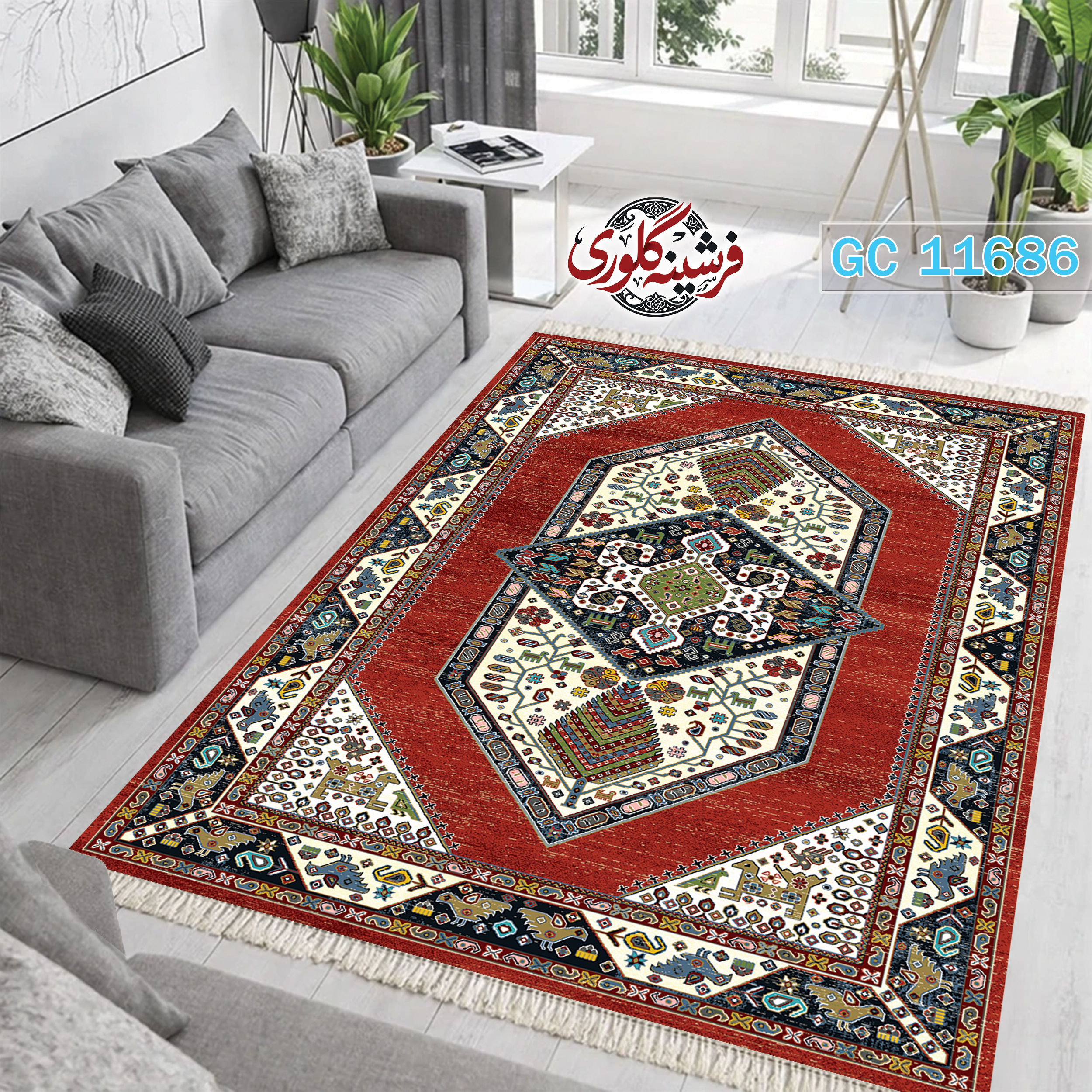 فرشینه طرح فرش مخمل هازان ترک قابل شست و شو و ضد پرزدهی کد GC-11686